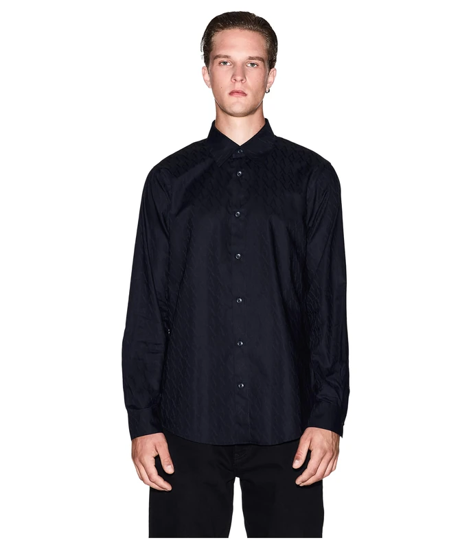 Armani Exchange Men's Essential, Tone on Tone Monogram Logo Texture Shirt, Blue, M, deep Navy, M