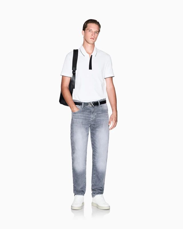 Armani Exchange Men's Essential, Striped Collar Logged Button Cover Band Polo Shirt, Off White, M, Off White, M