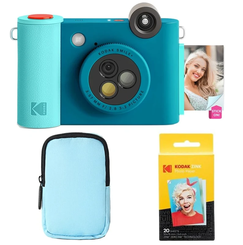 KODAK Smile+ 2-in-1 Digital Instant Camera & Photo Printer Starter Bundle - Deluxe Case + Zink 20pk Paper - 10MP, Rotating Lens - Blue