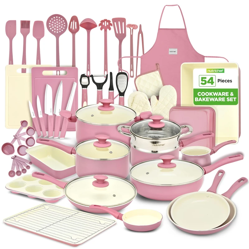 NutriChef Pots and Pans Set, Non-Stick Cookware Set 54-Piece, Nonstick Multi-Sized Pot and Pan Sets with Lids, Kitchen, Bakeware, Induction Compatible, PFOA-Free, Pink