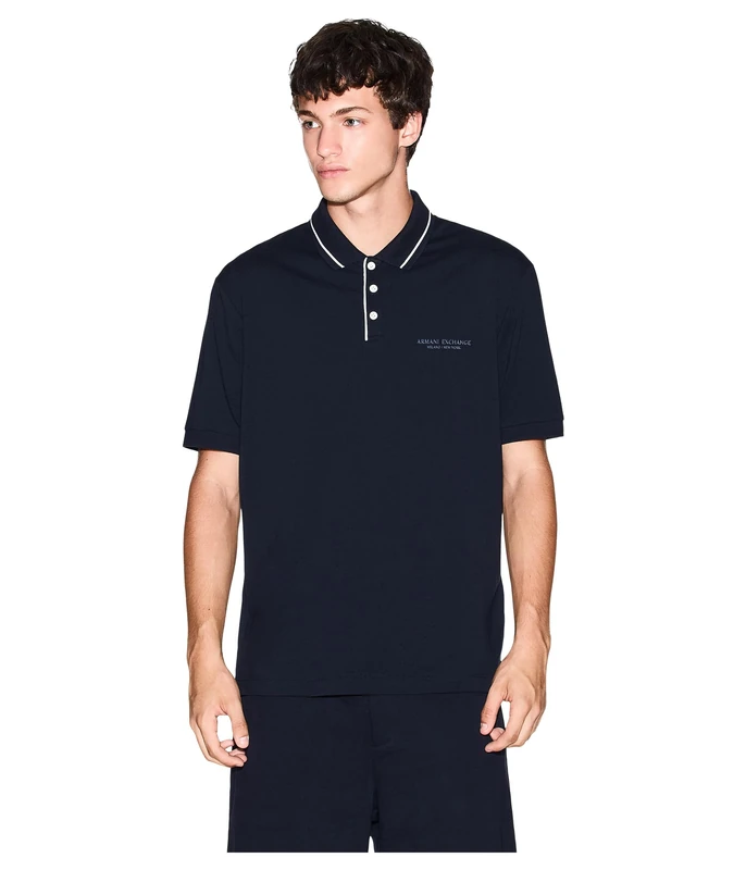 Armani Exchange Essential, Striped Collar Side Milano-New York Logo Lettering Polo, Dark Blue, XS Men, Dark Blue, XS