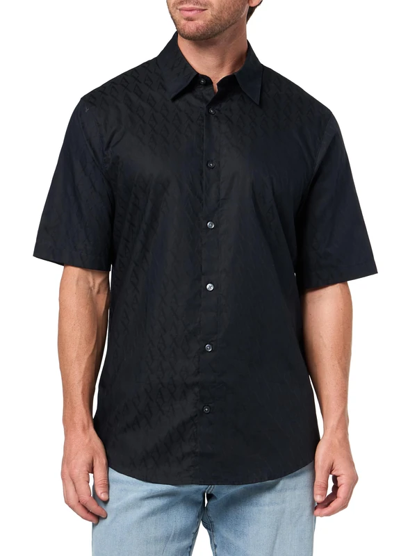 Armani Exchange Men's Essential Short Sleeve Tone on Tone Monogram Logo Texture Shirt, Blue, M, deep Navy, M