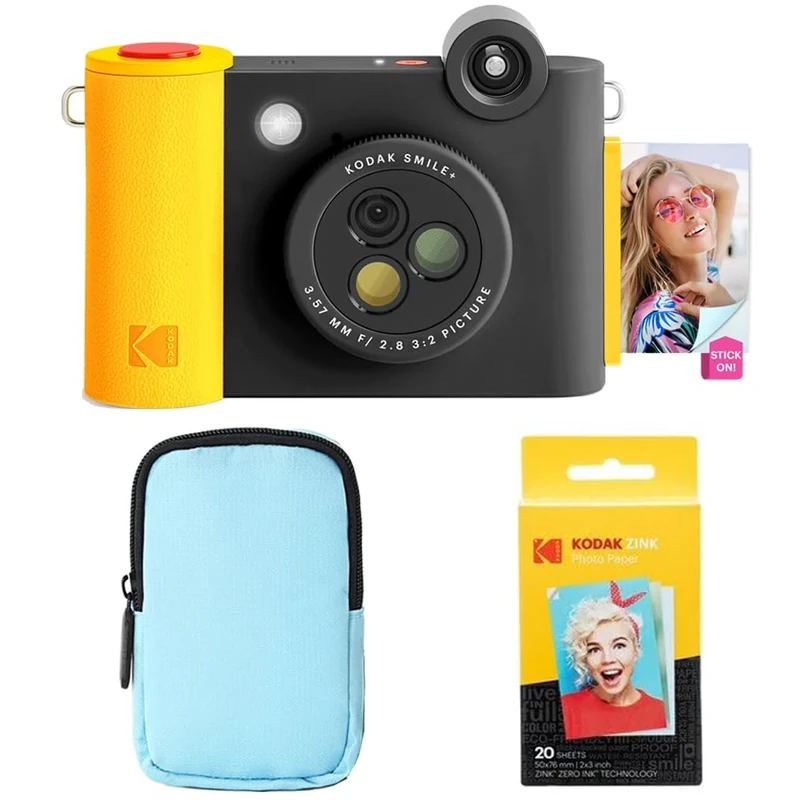 KODAK Smile+ 2-in-1 Digital Instant Camera & Photo Printer Starter Bundle - Deluxe Case + Zink 20pk Paper - 10MP, Rotating Lens - Black