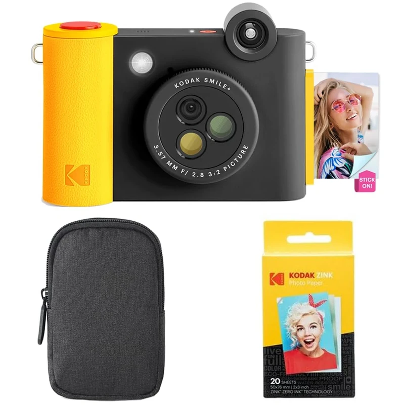 KODAK Smile+ 2-in-1 Digital Instant Camera & Photo Printer Starter Bundle - Case + Zink 20pk Paper - 10MP, Rotating Lens - Black