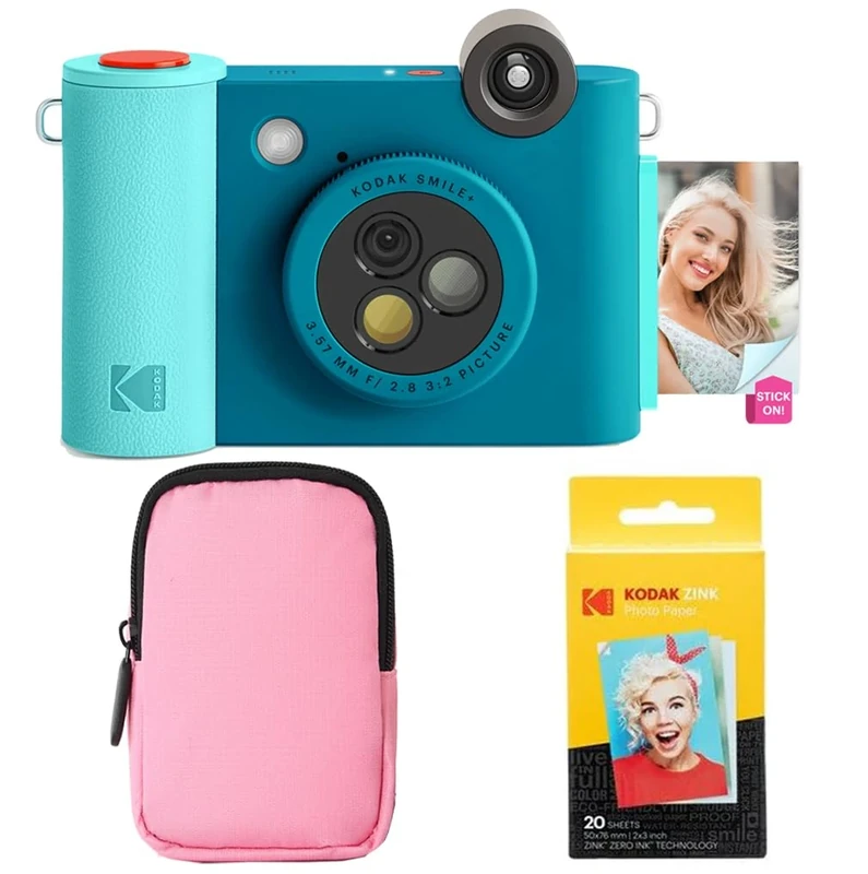 KODAK Smile+ 2-in-1 Digital Instant Camera & Photo Printer Starter Bundle - Soft Case + Zink 20pk Paper - 10MP, Rotating Lens - Blue
