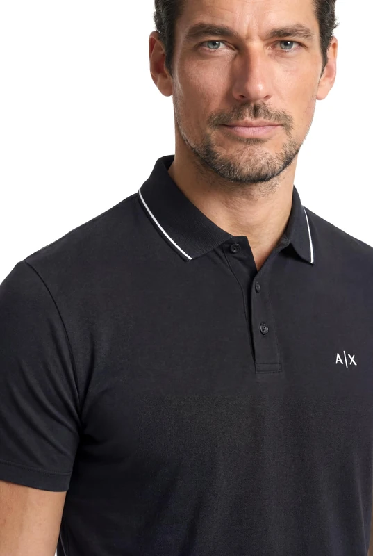 Armani Exchange Men's Essential Short Sleeve Stiped Collar Side Monogram Logo Polo Shirt, Black, XXL, Black, XXL
