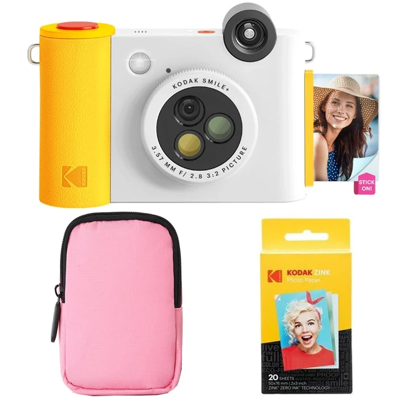 KODAK Smile+ 2-in-1 Digital Instant Camera & Photo Printer Starter Bundle - Soft Case + Zink 20pk Paper - 10MP, Rotating Lens - White