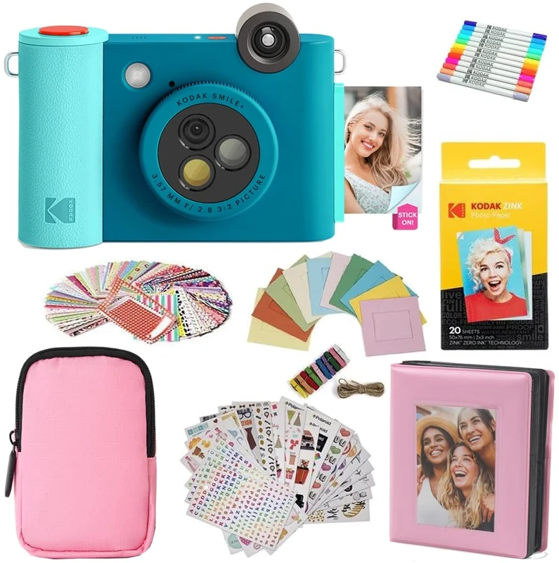 KODAK Smile+ 2-in-1 Digital Instant Camera & Photo Printer Gift Bundle - Case + Zink 20pk Paper + Album + Stickers + Frames + Markers - Blue