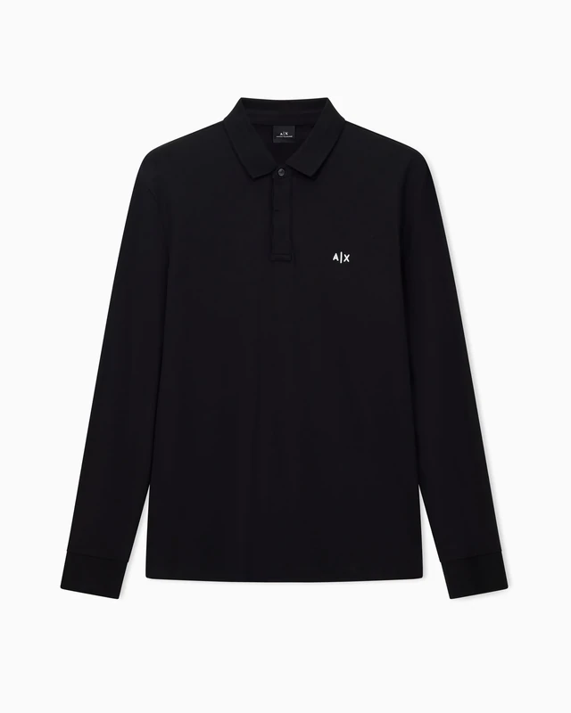 Armani Exchange Essential Long Sleeve Side Monogram Logo Polo Shirt, Black, XL Men, Black, XL