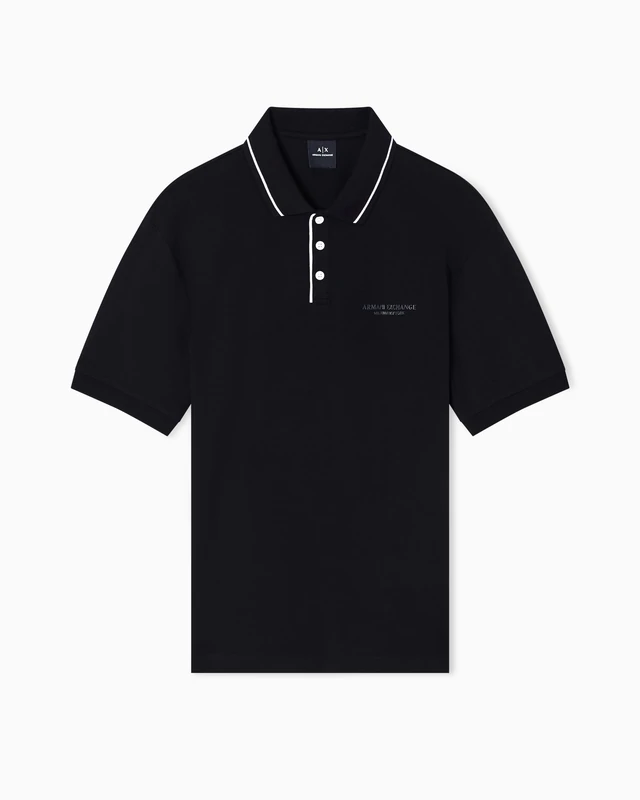 Armani Exchange Men's Essential Striped Collar Side Milano New York Logo Lettering Polo Shirt, Black, XS, Black, XS - Image 1