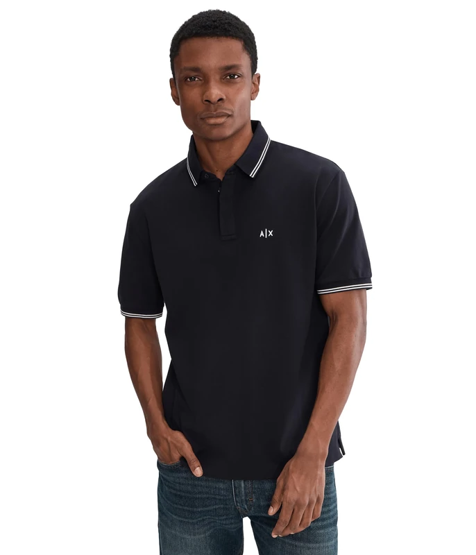 Armani Exchange Men's Essential, Double Striped Sleeve and Collar Side Monogram Logo Polo Shirt, Blue, M, deep Navy, M