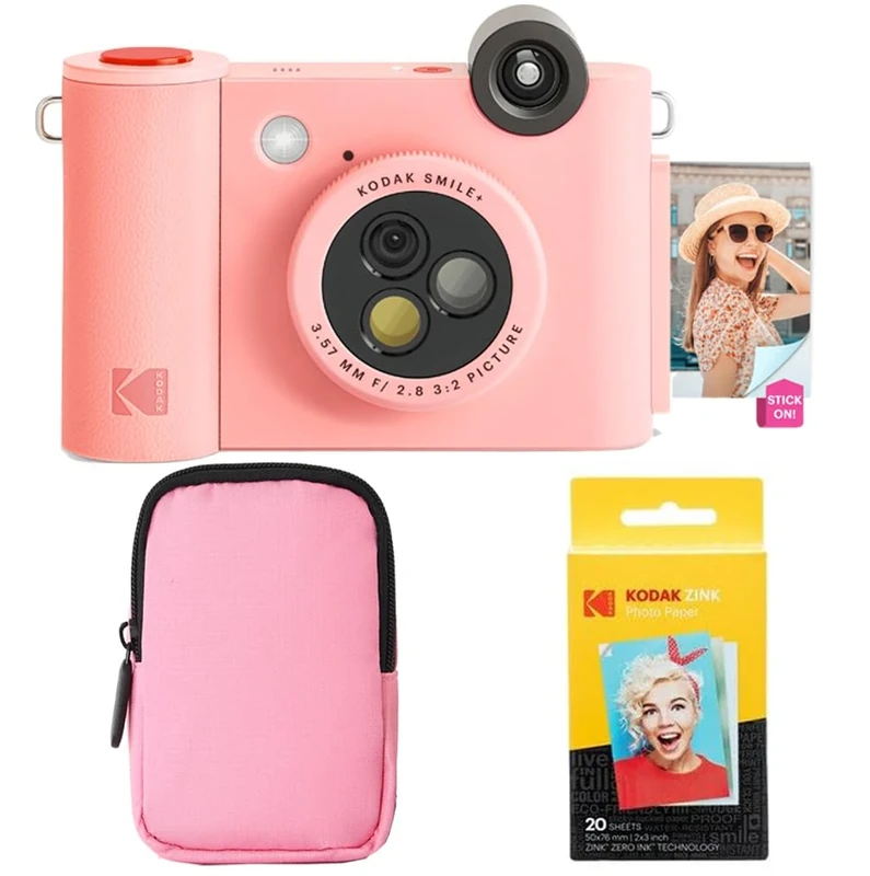 KODAK Smile+ 2-in-1 Digital Instant Camera & Photo Printer Starter Bundle - Soft Case + Zink 20pk Paper - 10MP, Rotating Lens - Pink