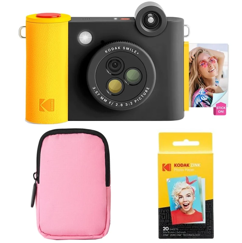 KODAK Smile+ 2-in-1 Digital Instant Camera & Photo Printer Starter Bundle - Soft Case + Zink 20pk Paper - 10MP, Rotating Lens - Black