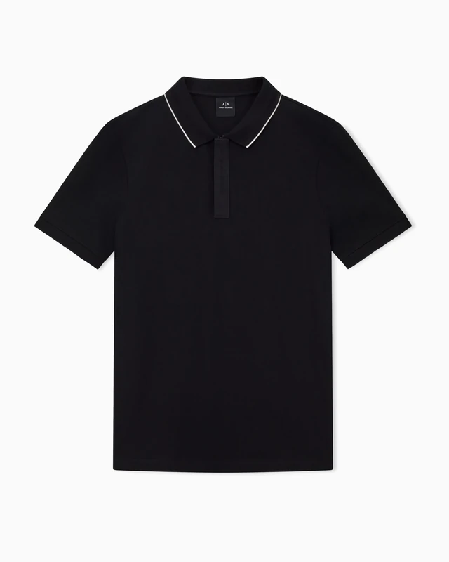 Armani Exchange Men's Essential, Striped Collar Logged Button Cover Band Polo Shirt, Black, XXL, Black, XXL - Image 1
