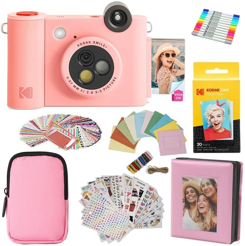 KODAK Smile+ 2-in-1 Digital Instant Camera & Photo Printer Gift Bundle - Case + Zink 20pk Paper + Album + Stickers + Frames + Markers - Pink