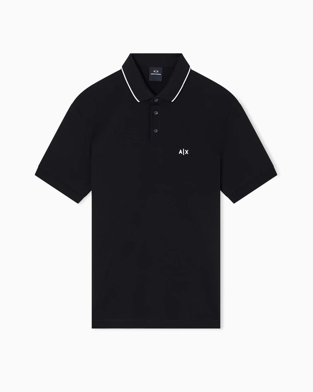 Armani Exchange Men's Essential Short Sleeve Stiped Collar Side Monogram Logo Polo Shirt, Black, XS, Black, XS - Image 1