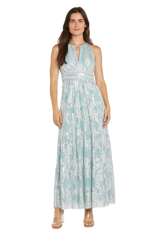 R&M Richards Women's Metallic Floral Printed Gown Dress, Sage/Silver, 16