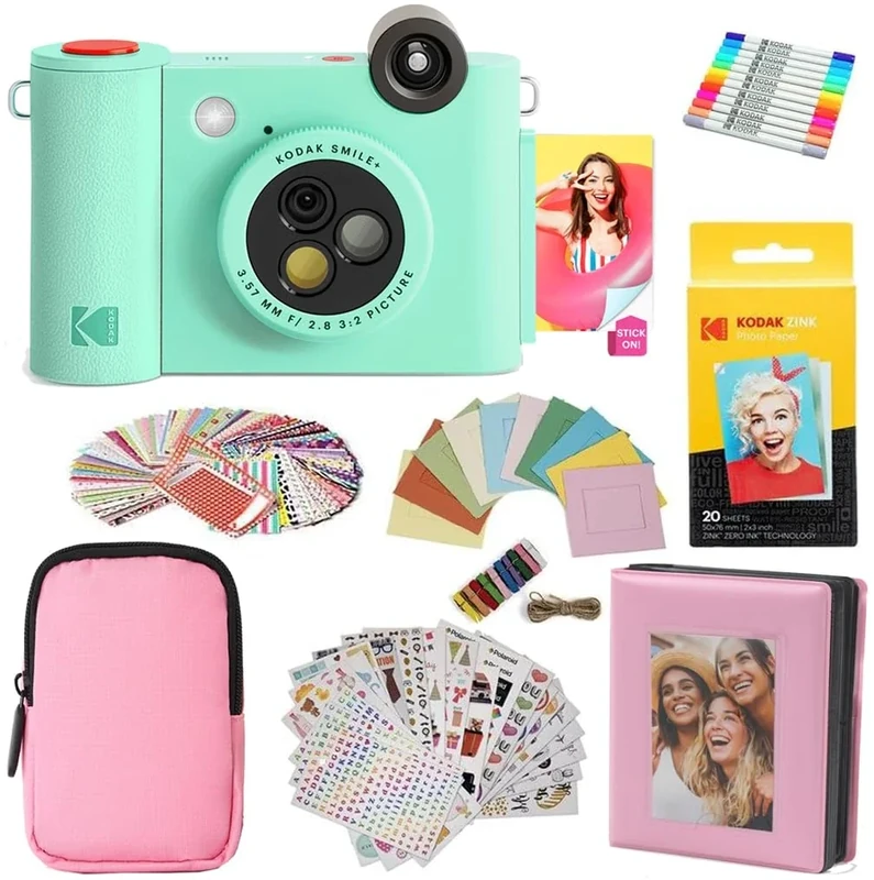 KODAK Smile+ 2-in-1 Digital Instant Camera & Photo Printer Gift Bundle - Case + Zink 20pk Paper + Album + Stickers + Frames + Markers - Green