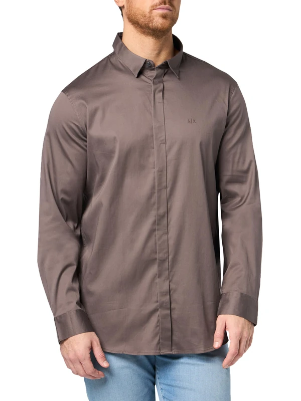 Armani Exchange Men's Essential, Long Sleeve Cover Button Band, Side Monogram Logo Shirt, Grey, M, Dark Gull Gray, M