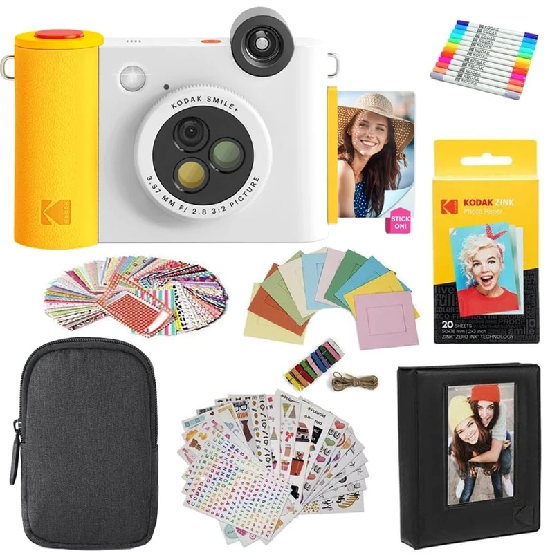 KODAK Smile+ 2-in-1 Digital Instant Camera & Photo Printer Gift Bundle - Case + Zink 20pk Paper + Album + Stickers + Frames + Markers - White