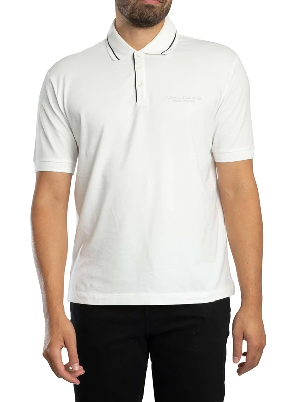Armani Exchange Men's Essential, Striped Collar Side Milano-New York Logo Lettering Polo Shirt, Off White, XL, Off White, XL