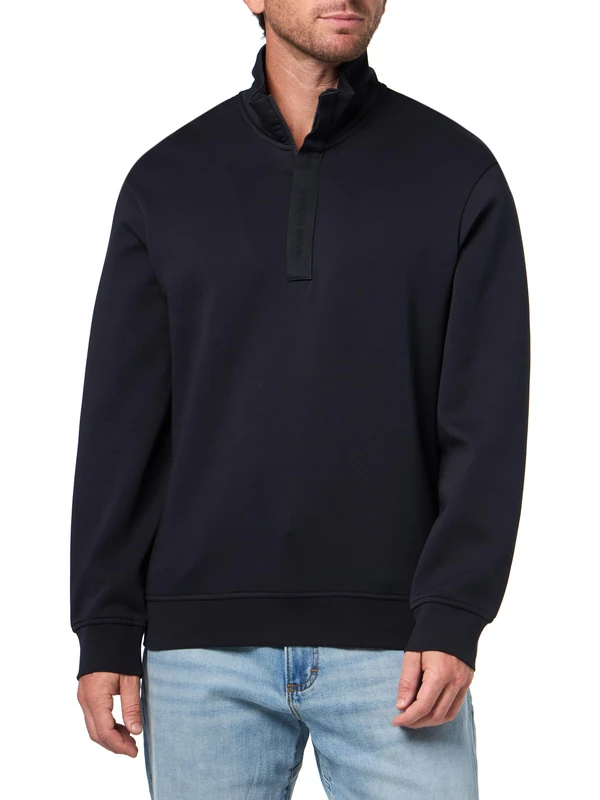 Armani Exchange Men's Essential, Long Sleeve Half Loged Zip Sweatshirt, Blue, L, deep navy, L