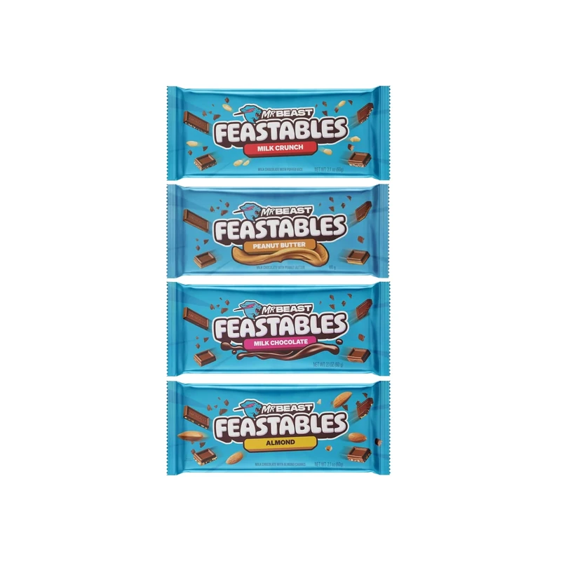Mr Beast Feastable Chocolate Bar Mix Bundle - x1 Milk Chocolate, x1 Almond Milk Chocolate, x1 Milk Crunch, x1 Peanut Butter - 4 x 60g Bars