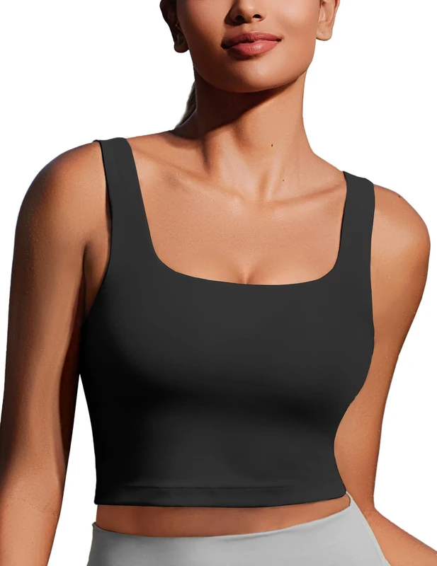 PINSPARK Sport Bras Women Camisole Yoga Built in Bra Top Square Neck Wireless Crop Tops with Removable Pads Summer Workout Running Gym Bras Top Black XL