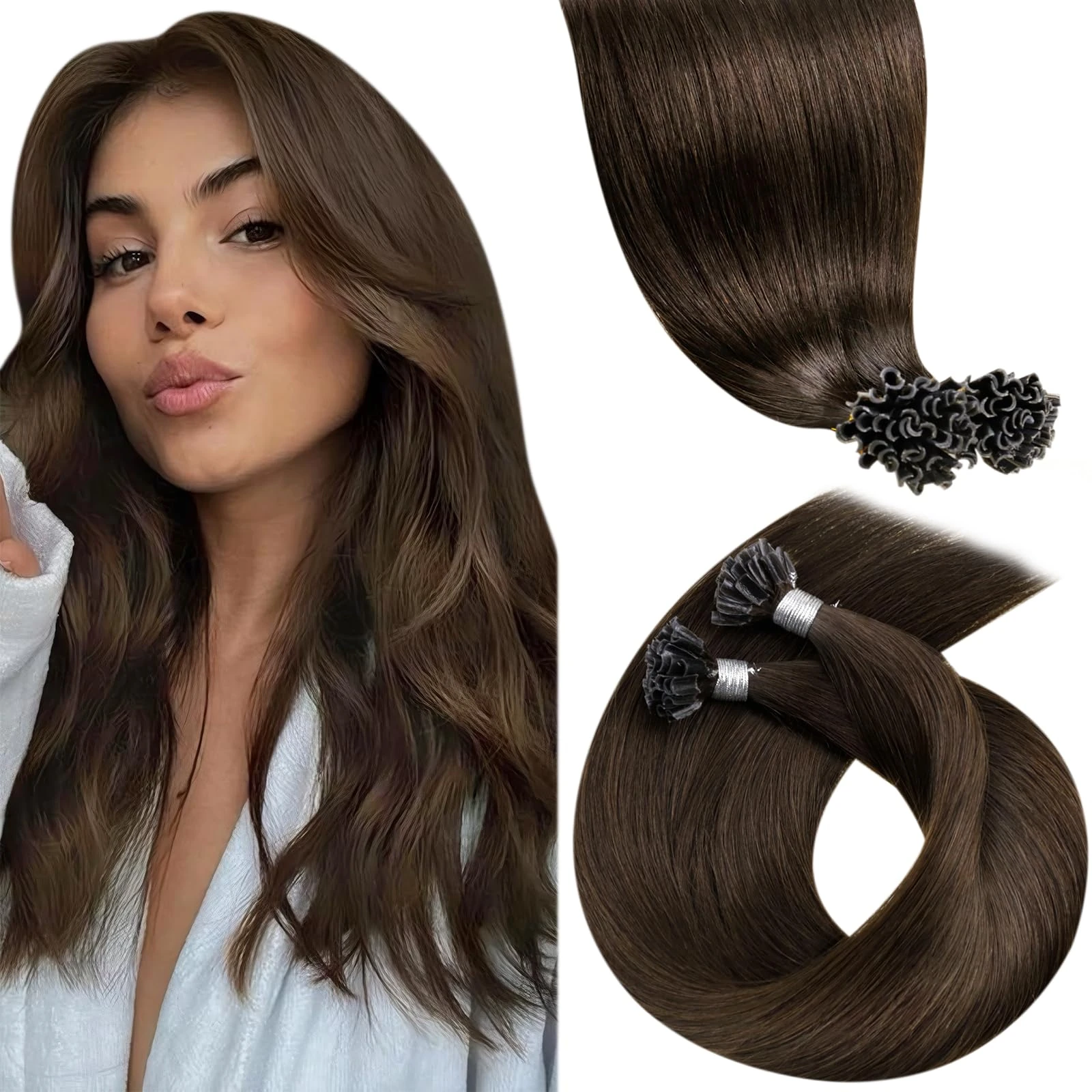 LaaVoo Hair Extensions U Tip Real Human Brown, Remy Straight Dark Brown Real Hair Extensions, Hot Fusion for Invisible & Stable 50s 50g 24 Inch #4