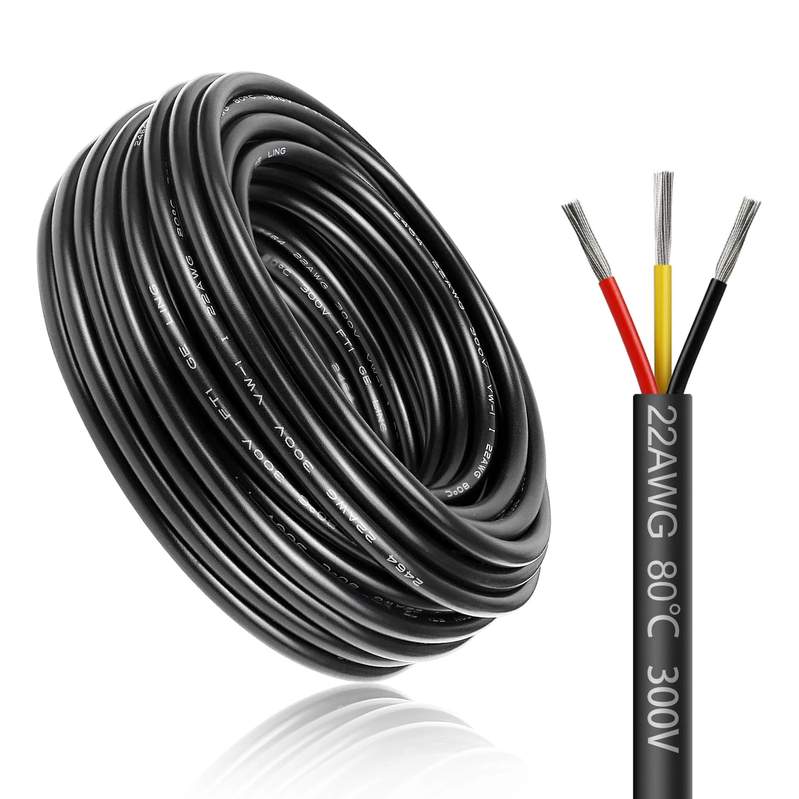 LightingWill 49.2FT/15M 22AWG 3x0.3mm² Electrical Wire, 22 Gauge 5V/12V/24V/240V/300V Low Voltage Extension Cable, Tinned Copper Wires, Flexible High Temperature Resistant Cable
