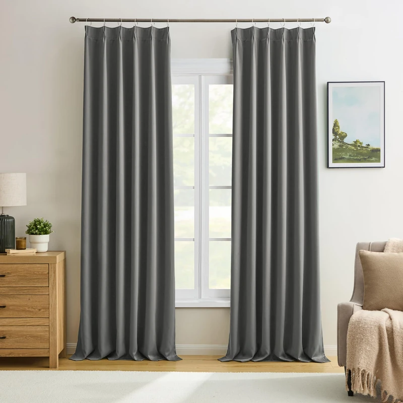 KEQIAOSUOCAI Grey Blackout 90 Inch Curtains 2 Panels,Energy Saving Sound Dampening Light Blinds Window Treatments for Living Room/Dining Room/Bedroom(40 Wide Each Panel) 40 x 90,Pinch Pleated