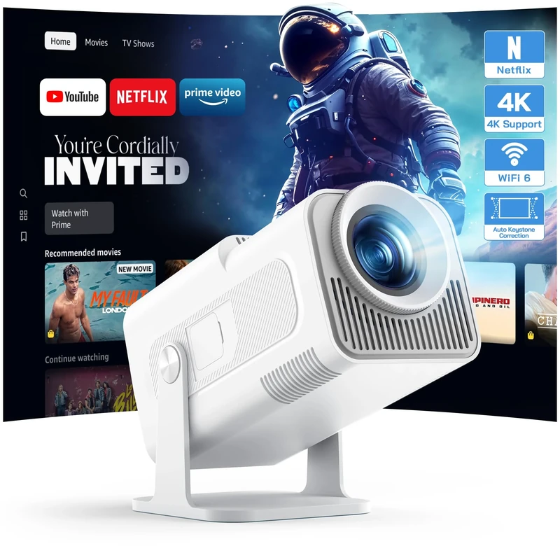 WOLFANG 4K Mini ProjectorBuilt-in Apps/Official Netflix, 26000 Lumen WiFi 6 Portable Projector with 50% Zoom, 180° Rotatable Smart Home Projector Compatible with TV Stick/iOS/Android/PC/PS5/HDMI/AV