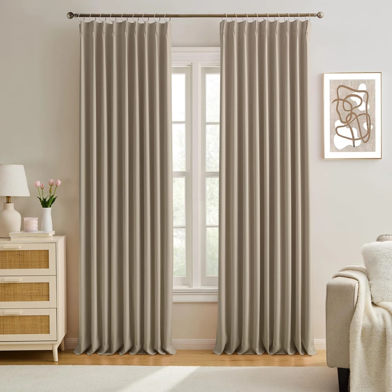 KEQIAOSUOCAI 60 Wide Pinch Pleated Window Curtain Panels 105 Inches Long Custom Made Pleated Curtains Hooks Track Privacy Memory Shape Drape for Living Room,Khaki, Set of 2=120 Inch Wide