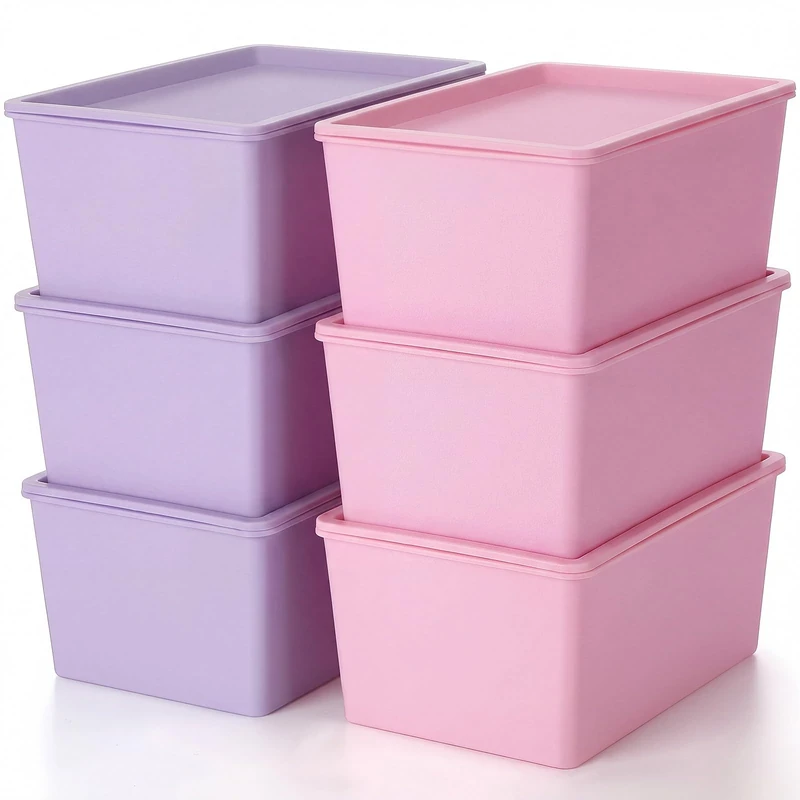 Menkxi 6 Pcs Storage Bins with Lids Small Plastic Storage Containers Stackable Storing Baskets Box for Organizing Shelves (Pink,Purple)