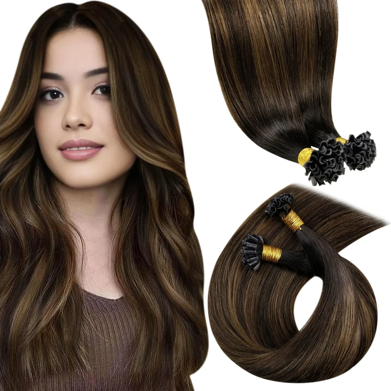 LaaVoo Dark Brown Hair Extensions U Tip Real Human Hair, Remy Straight Balayage Darkest Brown to Light Brown Real Hair Extensions, Hot Fusion for Invisible & Stable 50s 50g 18 Inch #2/8/2