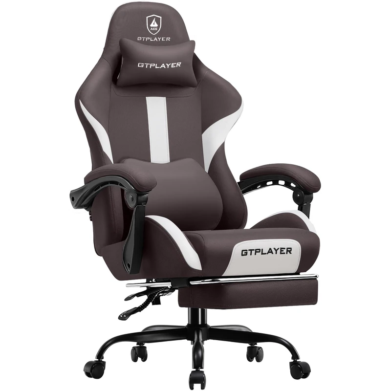 GTPLAYER Fabric Gaming Chair, Ergonomic Computer Chair with Footrest Lumbar Support Heavy Duty High Back Adjustable Height Svivel Office Desk Chairs (White)