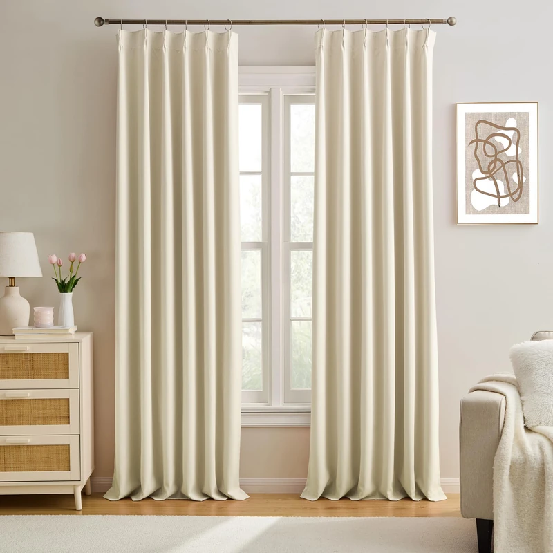 KEQIAOSUOCAI Luxury Blackout Curtains Pinch Pleated with Hooks,Cream Curtains & Drapes 96 Inch Long Bedroom/Living Room,Neutral Curtains Room Darkening Track System Window Panels Set of 2