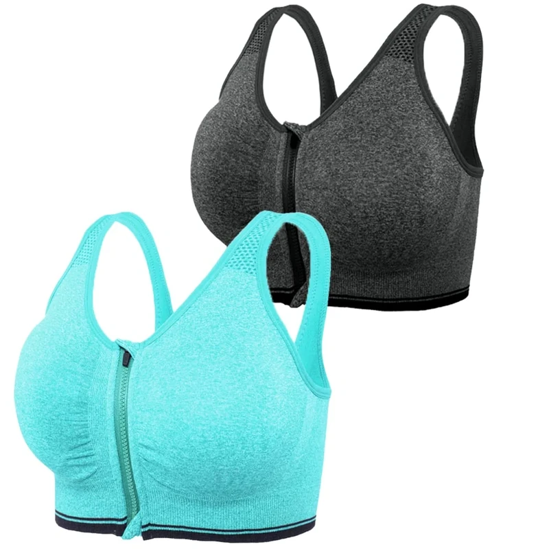 DODOING Zip Front Sports Bra Post Surgery Bra Yoga Bra Workout Fitness Activewear Racerback Padded Extra Support Seamless Bras for Women（2PCS）