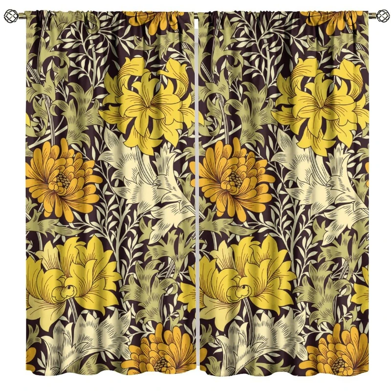 GoDazzling Vintage Country Farmhouse Floral Blackout Window Curtains, Flower Plant Leaves Botanical Art Printed Window Drapes, for Living Room Bedroom 42" W X 63" L