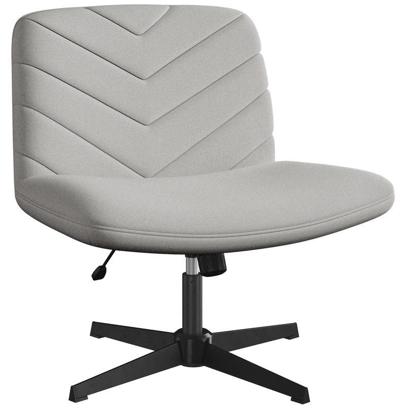 Yaheetech Wide Seat Cross Legged Office Chair, Adjustable Armless Office Chairs with No Wheels, Vanity Chair Criss Cross Chair Swivel Computer Chairs, Light Gray