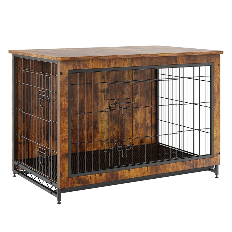 VEVOR Dog Crate Furniture, 38 inch Wooden Dog Crate with Double Doors, Heavy-Duty Dog Cage End Table with Multi-Purpose Removable Tray, Modern Dog Kennel Indoor for Dogs up to 70lb, Rustic Brown