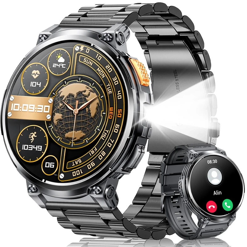 Foxhawk Military Smart Watch for Men 1.85” Big Screen Rugged Smart Watch, LED Flashlight/730mAh Battery/100+ Sports Modes Fitness Watch, Heart Rate Sleep Tracker Men Smart Watch for iOS Android