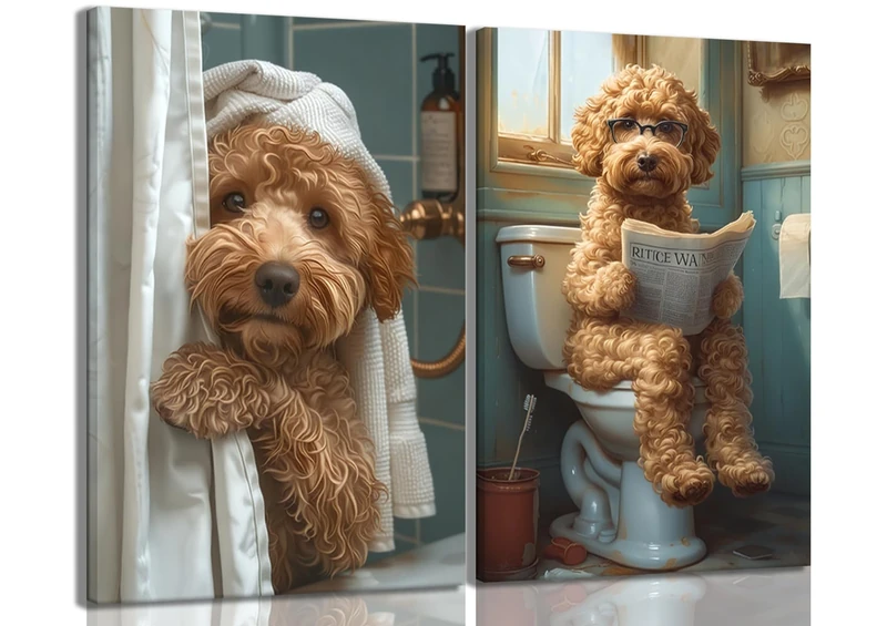 Yaneiro Funny Bathroom Canvas Wall Art-Set of 2 Poodle On Toilet Reading Newspaper Wall Decor Goldendoodle In Shower Humor Animal Poster Picture for Dog Lovers Restroom Ideas Decor 16x24 Inch Framed