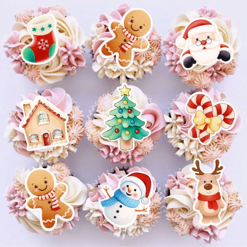 Blumomon 40Pcs Edible Christmas Cupcake Toppers Edible Merry Christmas Cake Decorations Selected Christmas Cupcake Decorations Christmas Party Holiday Supplies