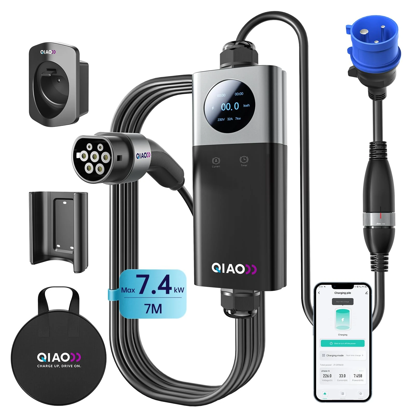 QIAO)) Portable 7.4kW EV Charger Type 2 Smart App, Max. 8-32A 1-Phase 7M Electric Car Charger with 2.8' LCD Display, Carry Bag, Bracket, Cable Holder, Mobile Wallbox Charging Station for Home Travel
