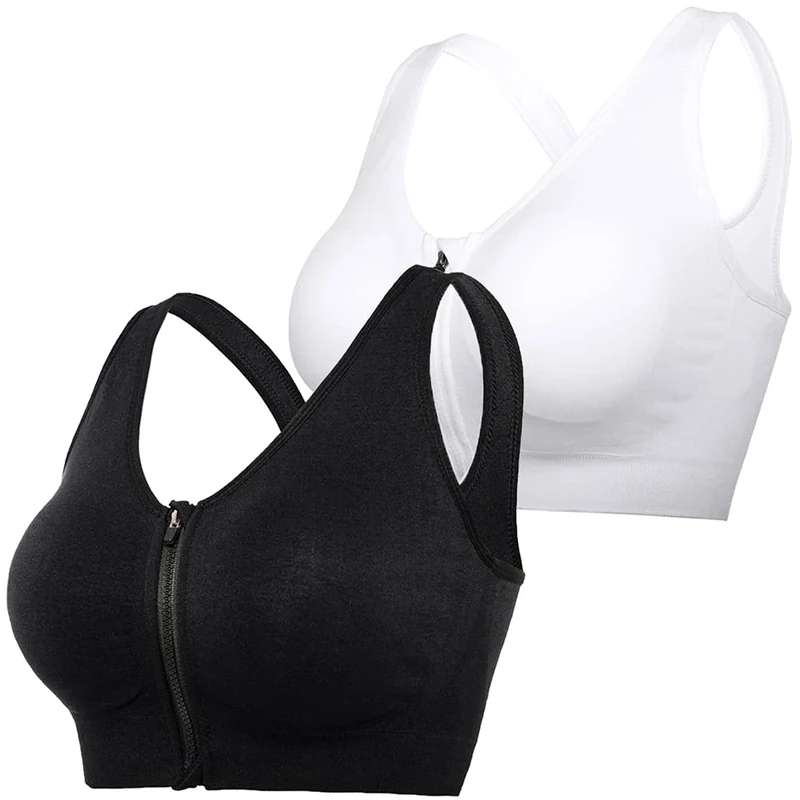 DODOING Zip Front Sports Bra Post Surgery Bra Yoga Bra Workout Fitness Activewear Racerback Padded Extra Support Seamless Bras for Women（2PCS）