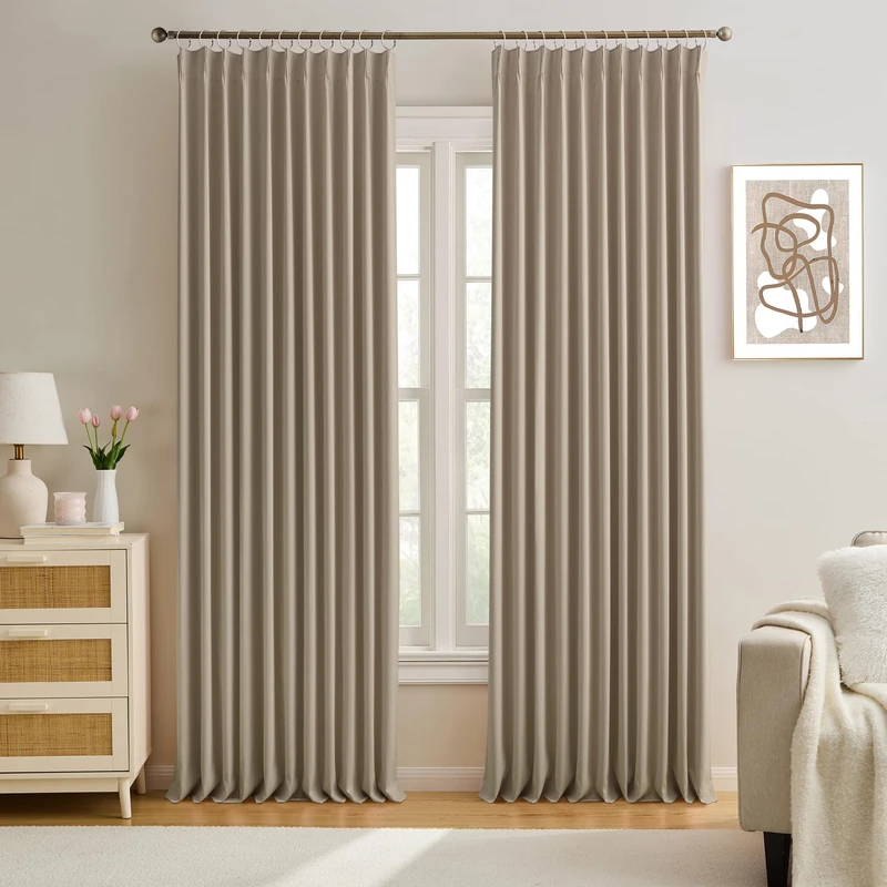 KEQIAOSUOCAI Pleated Blackout Curtain Drapes for Window 95" L - Triple Weave Energy Saving Solid Pinch Pleat Hook Thermal Room Divider Blackout Panels for Patio (72" Wide per Panel, 2 Panels, Khaki)