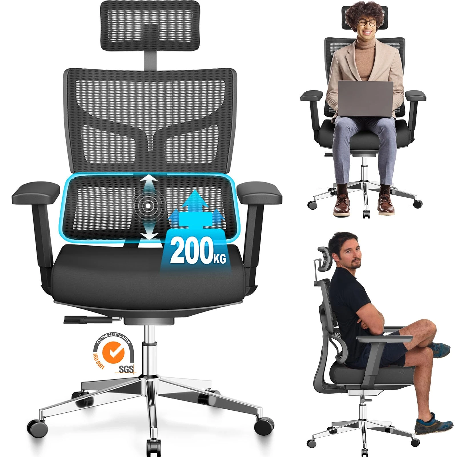 MELOKEA 200kg 440LBS Ergonomic Office Chair for Heavy People, Wide Mesh Heavy Duty Chair XL with Auto-chasing Lumbar, 3D Widened Arm, Big and Tall 90° 110° 122° Lock, ReliefBack Pro Max EN12520