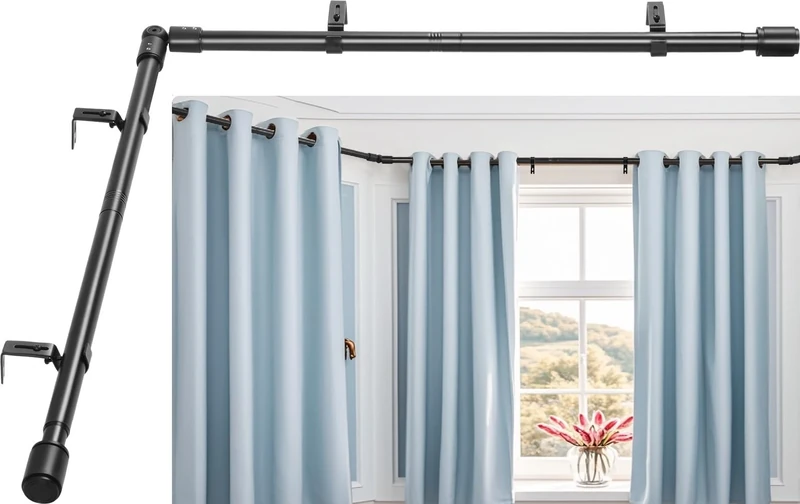 Anndason Heavy Duty 1 Inch Corner Curtain Rods Set (Black) 30-87 Inch for Windows L Shaped Curtain Rods