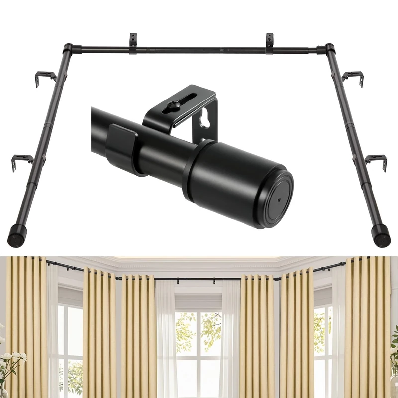 Anndason 1 Inch Bay Window Curtain Rods Set 30-87 Inch Center Rod, 30-63 Inch Side Rods, Black Metal Iron Finish
